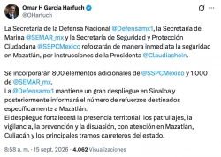 Anuncia Omar Harfuch reforzamiento de seguridad para Mazatlán
