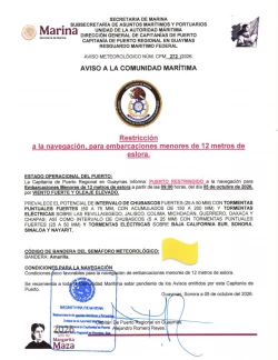Emiten restricción a la navegación en Guaymas por viento fuerte y oleaje elevado