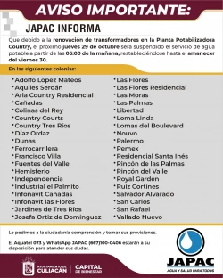 Suspende JAPAC servicio de agua el jueves
